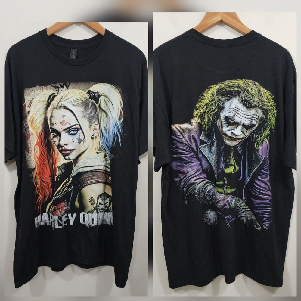 Harley Quinn Joker Big Face Tee Black Knit S/S T-shirt Mens Sz L Gildan DryBlend